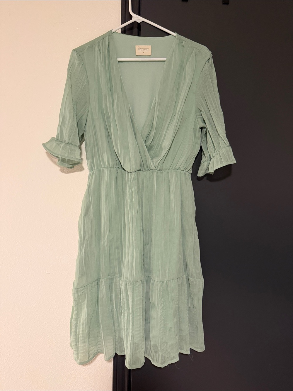 Light Sage Ruffle Sleeve V-Neck Dress